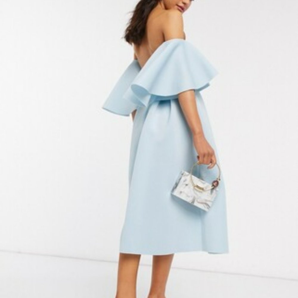 ASOS DESIGN boned corset bardot prom midi dress in blue